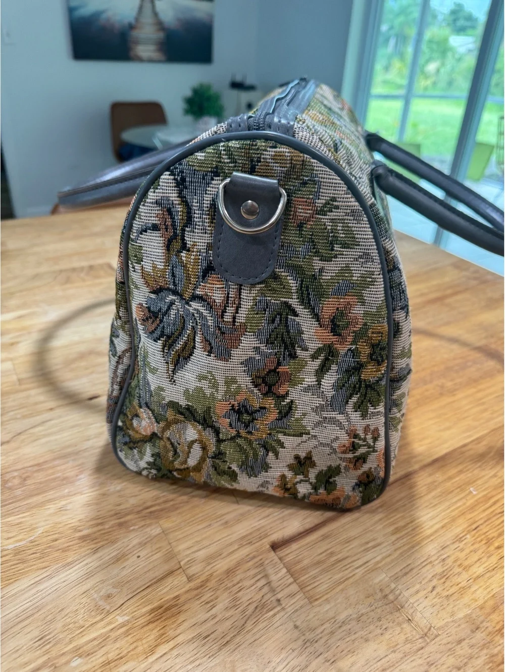 Jordache Floral Tapestry Weekender Bag with Gray Leather Handles